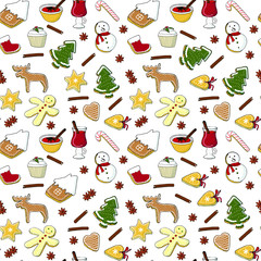 Seamless pattern of Christmas and winter different desserts on white. Hand drawn color stock vector illustration festive elements for restaurant and cafe menu, for web, for wallpaper