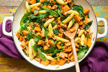 Potato dumplings with chanterelle, spinach & sweet potato