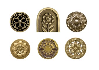 Set of golden decorative elements with floral pattern isolated on white background