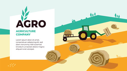 Vector illustrations of agriculture with tractor, hayfield, haystack rolls,farm land,field. Logo Agro with spike of wheat. Template for banner, annual report, prints, flyer,landing page, website, blog