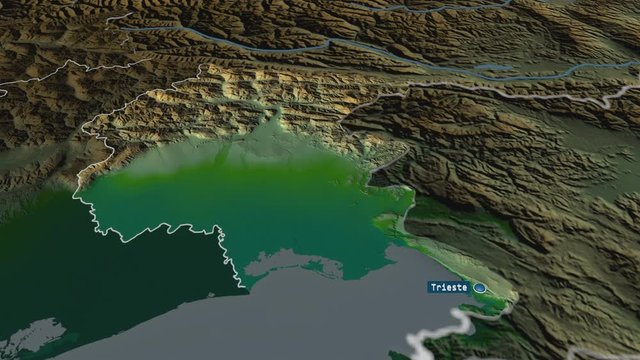 Friuli Venezia Giulia - autonomous region of Italy with its capital zoomed on the physical map of the globe. Animation 3D
