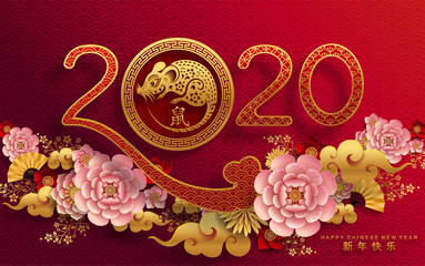 Happy chinese new year 2020 year of the rat ,paper cut rat character,flower and asian elements with craft style on background.  (Chinese translation : Happy chinese new year 2020, year of rat)