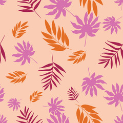 Fototapeta na wymiar Vector soft pastel tropical leaves seamless pattern repeat.