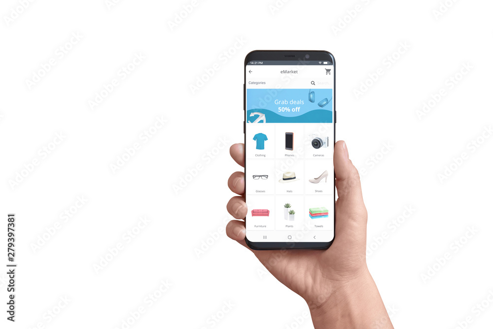 Poster isolated smart phone in hand with online store app. concept of flat design app with grab deals ad an