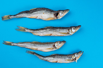 Top view of small dry sea fish, smelt on the blue background. Fish pattern.