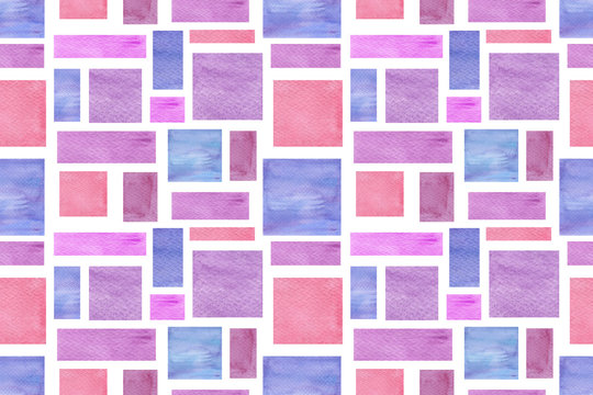 Watercolor hand drawn colored geometry figures repeat pattern, abstract image on the white background, blue, pink and violet pastel tones