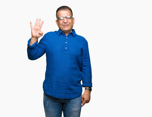 Middle age arab man wearing glasses over isolated background showing and pointing up with fingers number four while smiling confident and happy.