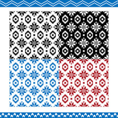 Set of seamless patterns and pattern brushes. Black and white, blue and red colors. New year and Christmas themes.