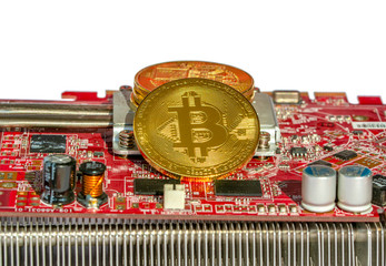 Bitcoins and New Virtual money concept.Gold bitcoins with Candle stick graph chart and digital background.Golden coin with icon letter B.Mining or blockchain technology