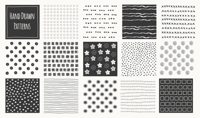 Set of cute abstract hand drawn black seamless patterns. Stripes flowers, dots, lines vector white background.