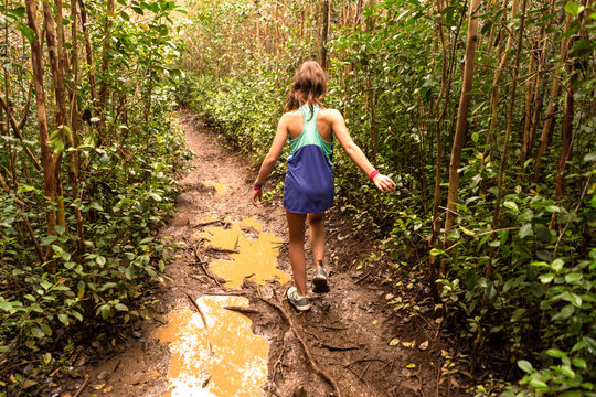 Rear view of girl walking down muddy path in forest