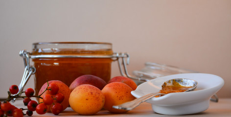 Still life of an open glass jar with jam, apricots and rowan fruits nearby