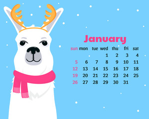 Calendar for January 2020 from Sunday to Saturday. Cute llama in scarf with antlers. Alpaca cartoon character. Funny animal.