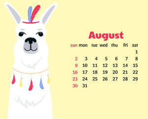 Calendar for August 2020 from Sunday to Saturday. Cute llama. Alpaca cartoon character. Funny animal.