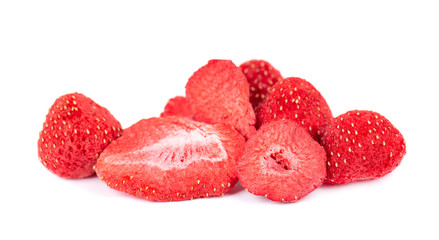 Dried strawberry slices isolated on white background. Dehydrated strawberries chips.