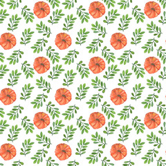 Watercolor pumpkins seamless pattern on white fone. Hand draw illustration. Perfect for craft projects, paper products, party decorations, printable, greetings cards, posters, the invitations.