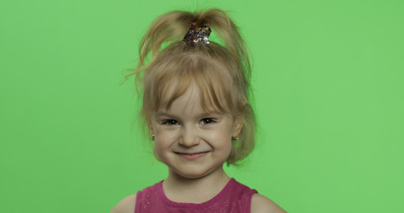 Child portrait in purple dress. Happy four years old girl laughing. Chroma Key