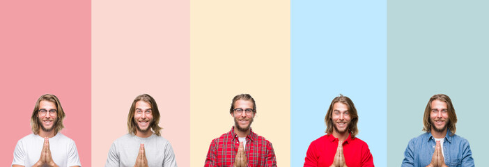 Obraz premium Collage of young handsome man over colorful stripes isolated background praying with hands together asking for forgiveness smiling confident.