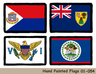 手描きの旗アイコン,シント・マールテンの旗,タークス・カイコス諸島の旗,ヴァージン諸島の旗,ベリーズの国旗　Flag of the Sint Maarten, Turks and Caicos Islands, Virgin Islands, Belize, hand drawn isolated vector icon.