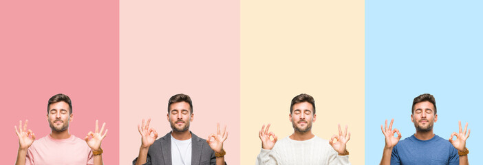 Collage of handsome young man over colorful stripes isolated background relax and smiling with eyes closed doing meditation gesture with fingers. Yoga concept.