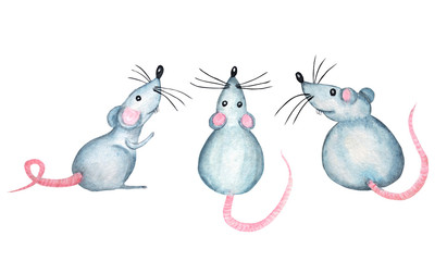 Watercolor cartoon hand drawing Rat symbol of the Chinese horoscope 2020 year. Isolated on a white background