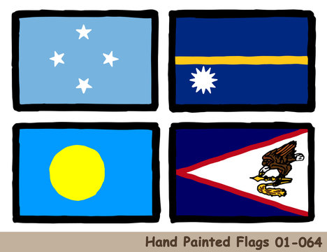 手描きの旗アイコン,ミクロネシア連邦の国旗,ナウルの国旗,パラオの国旗,サモアの旗　Flag of the Micronesia, Nauru, Palau, Samoa, hand drawn isolated vector icon.