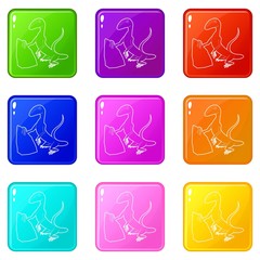 Standing lizard icons set 9 color collection isolated on white for any design