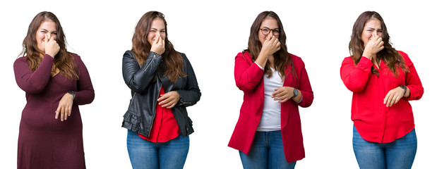 Collage of beautiful plus size business woman over isolated background smelling something stinky and disgusting, intolerable smell, holding breath with fingers on nose. Bad smells concept.