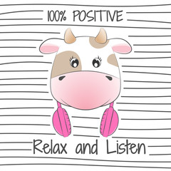 Beautiful positive cartoon cow love listen music.