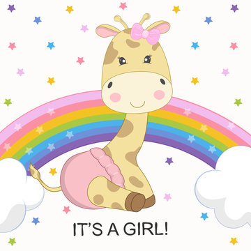 Greeting Card cute cartoon giraffe is on the rainbow isolated on a colored stars background.