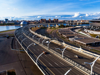 Panorama of Petersburg. Highway. Stadium, western rapid diameter and cable-stayed bridge, view from...