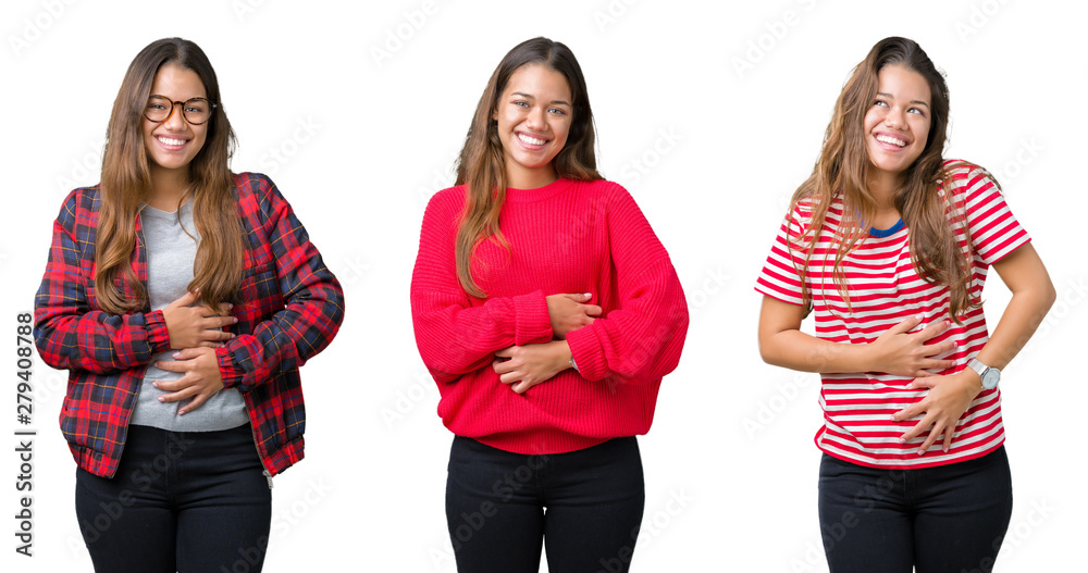 Sticker Collage of beautiful young woman over isolated background Smiling and laughing hard out loud because funny crazy joke. Happy expression.