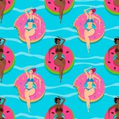 Seamless pattern with beautiful girls on inflatable pool floats.