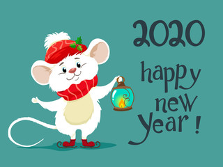 Fototapeta na wymiar Cute white mouse in a scarf and a red hat, a symbol of 2020. Ratatouille Vector character in cartoon style. Handwritten