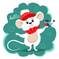 Winter illustration with a white mouse and a bird on its paw. Vector illustration in cartoon retro style.