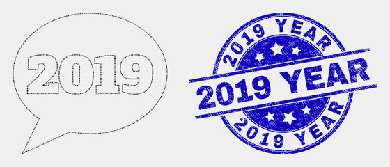 Pixelated 2019 message balloon mosaic pictogram and 2019 Year stamp. Blue vector rounded grunge seal stamp with 2019 Year message. Vector composition in flat style.