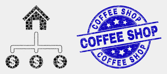 Pixelated bank dollar links mosaic icon and Coffee Shop stamp. Blue vector round scratched stamp with Coffee Shop caption. Vector composition in flat style.