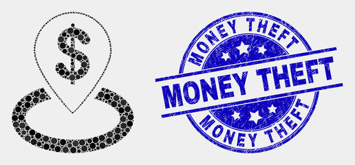 Dotted bank location mosaic icon and Money Theft stamp. Blue vector rounded distress stamp with Money Theft title. Vector composition in flat style.