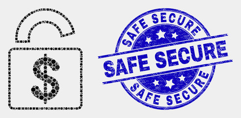 Dot bank lock mosaic pictogram and Safe Secure seal stamp. Blue vector round textured seal stamp with Safe Secure text. Vector combination in flat style.