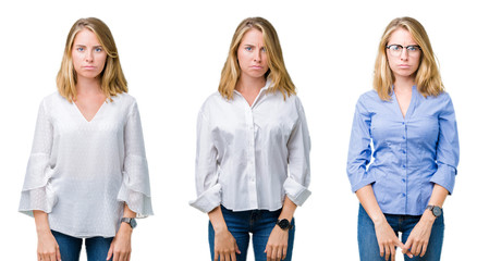Obraz premium Collage of beautiful blonde business woman over white isolated background skeptic and nervous, frowning upset because of problem. Negative person.