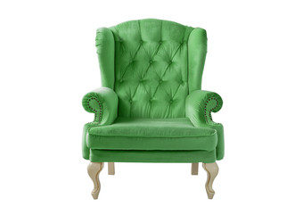 Isolated light green armchair. Vintage armchair. Insulated furniture. Light greenchair. Light green velvet armchair