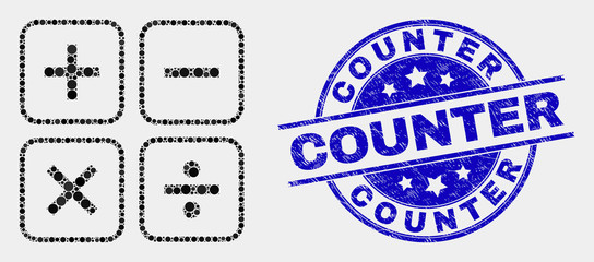 Obraz premium Pixelated calculator mosaic pictogram and Counter seal stamp. Blue vector rounded scratched watermark with Counter message. Vector collage in flat style.