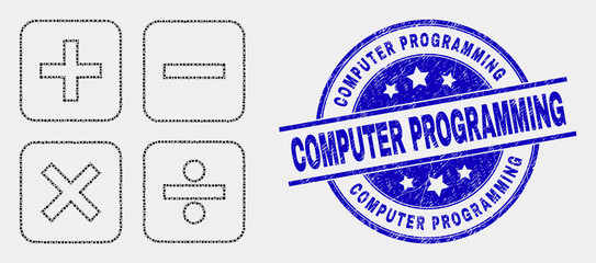 Pixel calculator mosaic pictogram and Computer Programming seal stamp. Blue vector round scratched seal stamp with Computer Programming text. Vector collage in flat style.