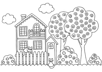 Hand-drawn coloring page with a two-storey house and cats