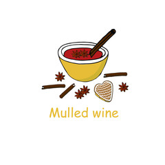 Mulled wine banner festive elements for restaurant and cafe menu, for web. Winter drink, christmas cookies, spices, cinnamon, cardamom art object isolated stock vector isolation