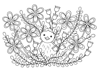 Coloring page with flowers and cute chicken