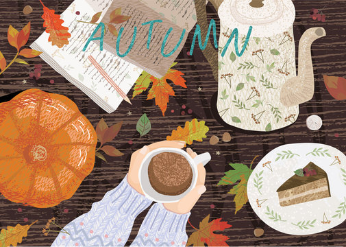 Cozy autumn background. Cute vector illustration of a table with objects: a cup of coffee, a notes with a pencil, a teapot, a pumpkin, a dessert and leaves. Top view of hands with cocoa. 