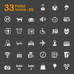 Set of hotel and travel vector icons. Contains such icons as plane, concierge, elevator, baby, dog and more.
