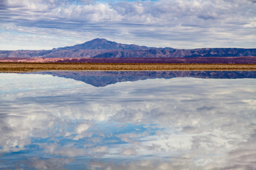 Salt lagoon in the "Salar de Atacama&rdquo; landscape view in the Atacama Desert in Chile, with mountains and volcano reflections on the still water of the lake.