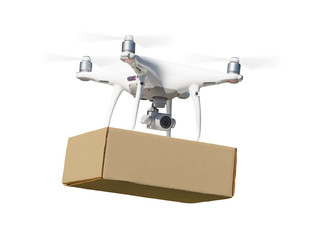 Unmanned Aircraft System (UAS) Quadcopter Drone Carrying Blank Package On White